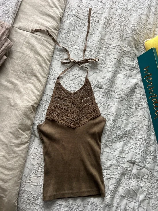 FP One Crochet Halter Knit Tank Top - Brown/Khaki Color - Picture 1 of 3